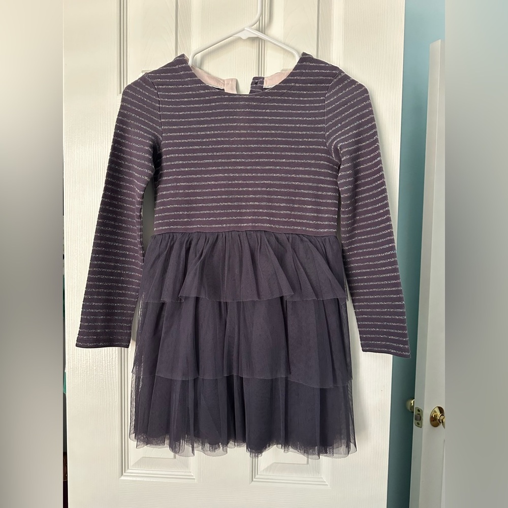 Mini Boden Long Sleeve Jersey Dress with Tiered Tulle Skirt, Size 7-8Y